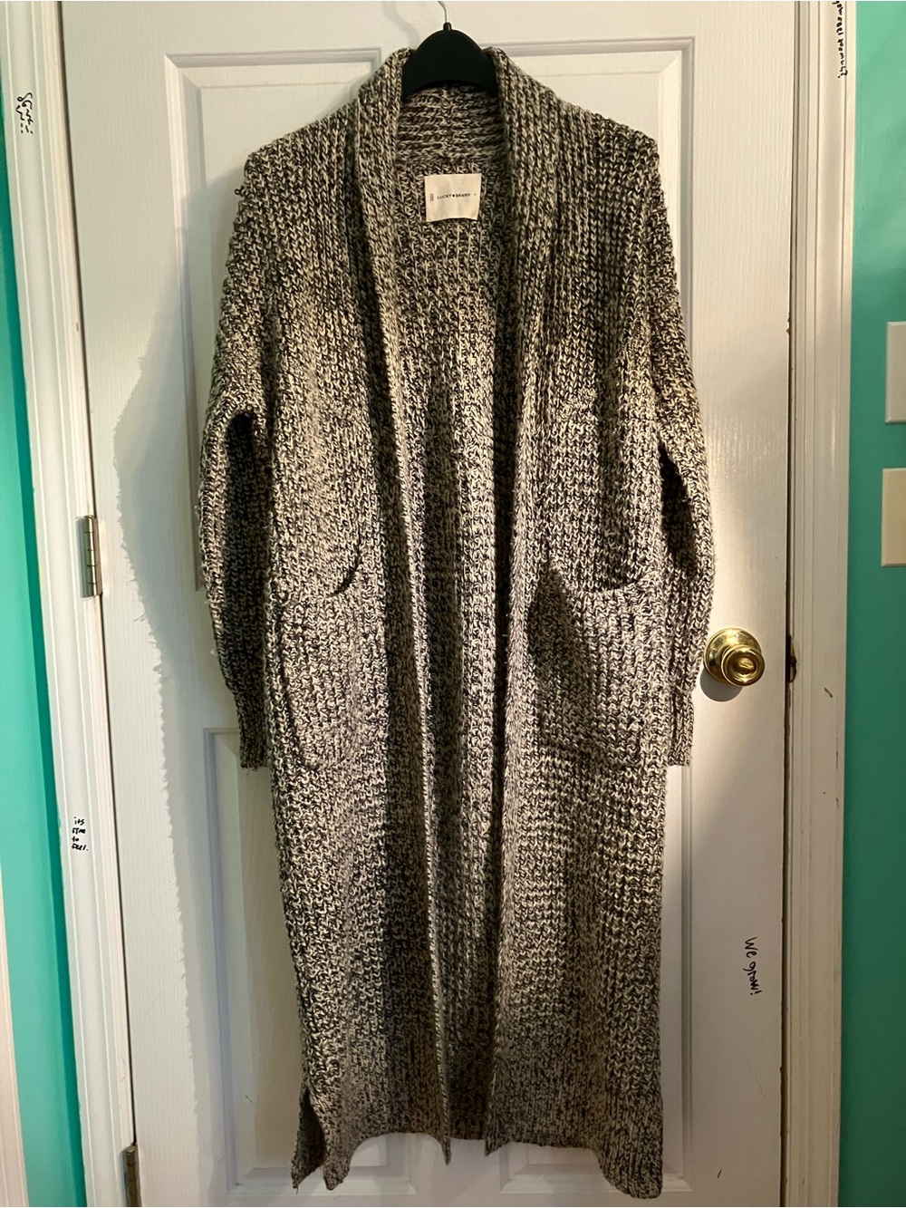 Lucky Brand Marled Gray and White Long Open-Front Cardigan
